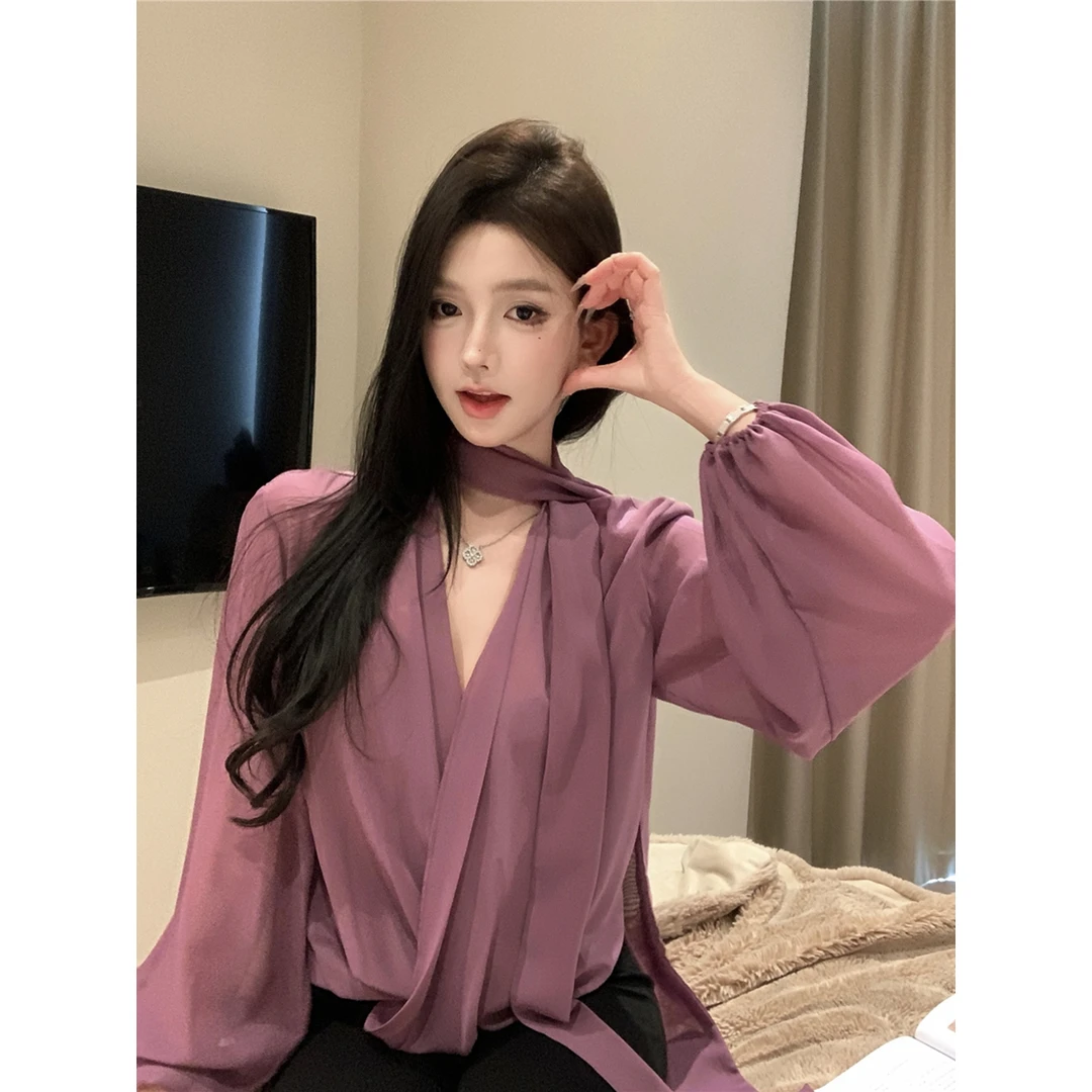 紫色飘带v领长袖雪纺衬衫女春季宽松轻熟内搭吊带叠穿上衣两件套