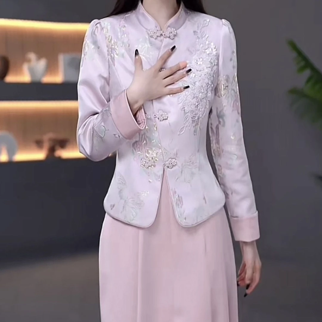 高档刺绣星空精纺两件套2025春新款新中式收腰显瘦减龄外套连衣裙