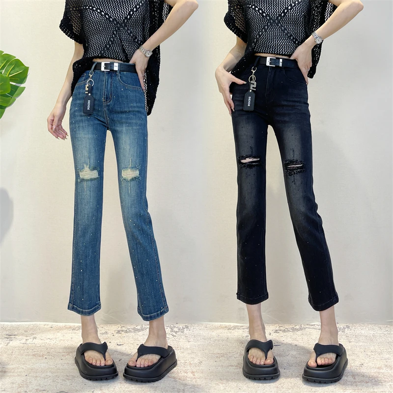 迪否镶钻破洞烟管裤女款夏季薄款九分修身显瘦直筒牛仔裤6069