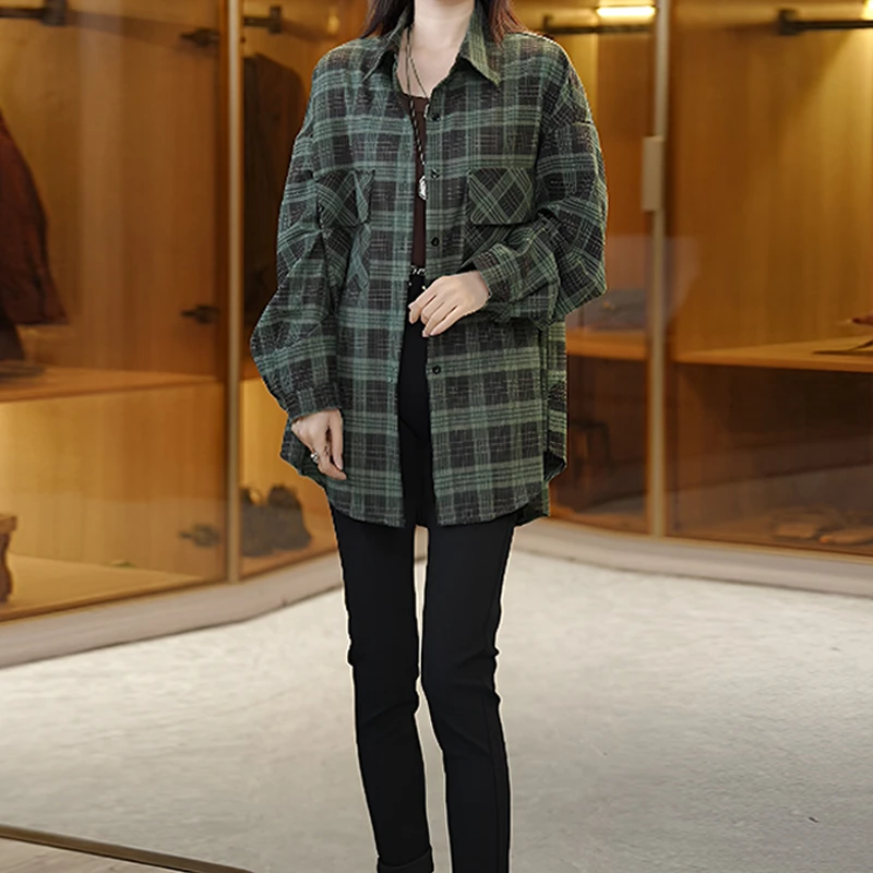 宽松格子衬衫女外套春秋季大码设计感小众慵懒风胖MM棉质外穿上衣