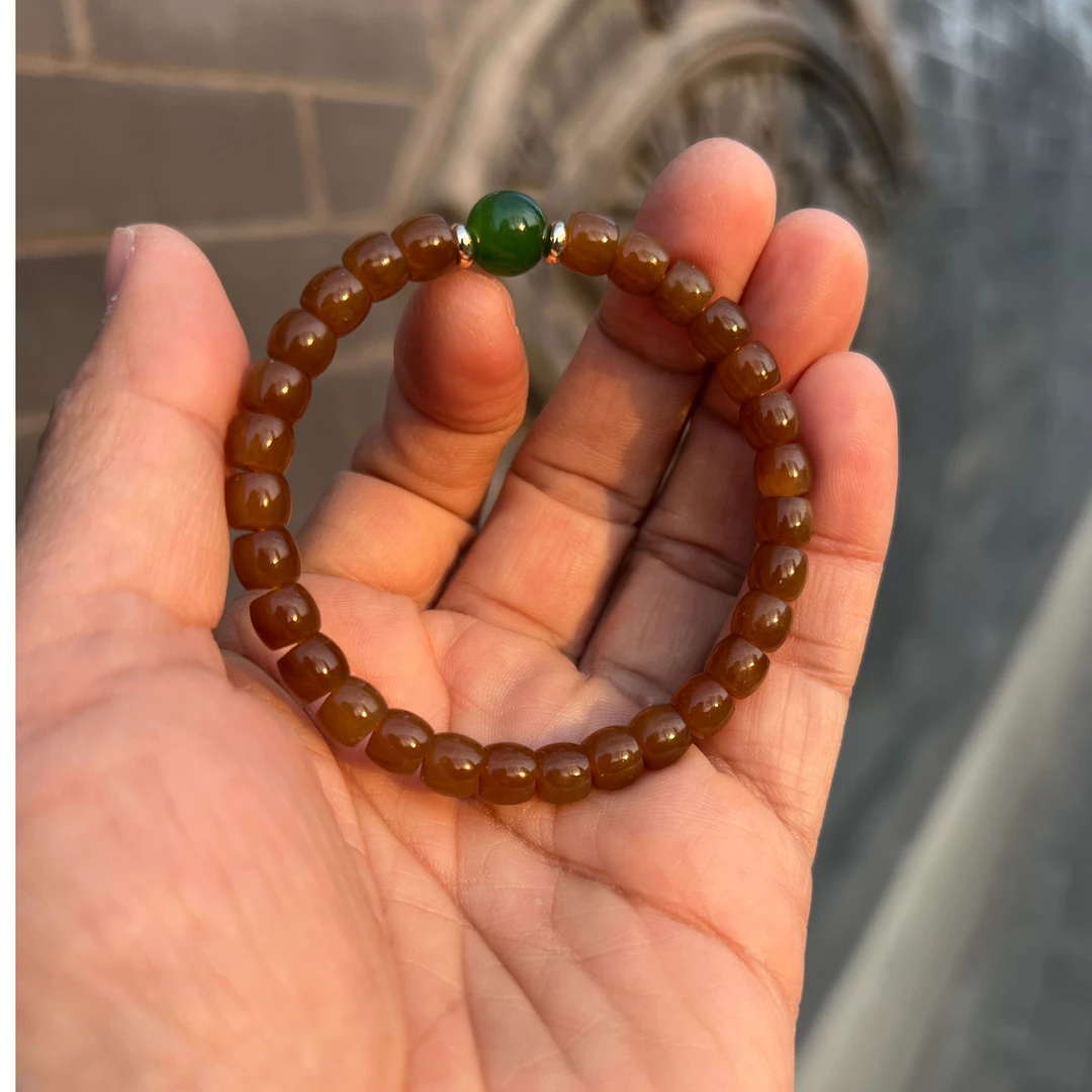 庭硕 和田玉金糖碧玉手串8*7mm油润糖色漂亮油性高细度可以