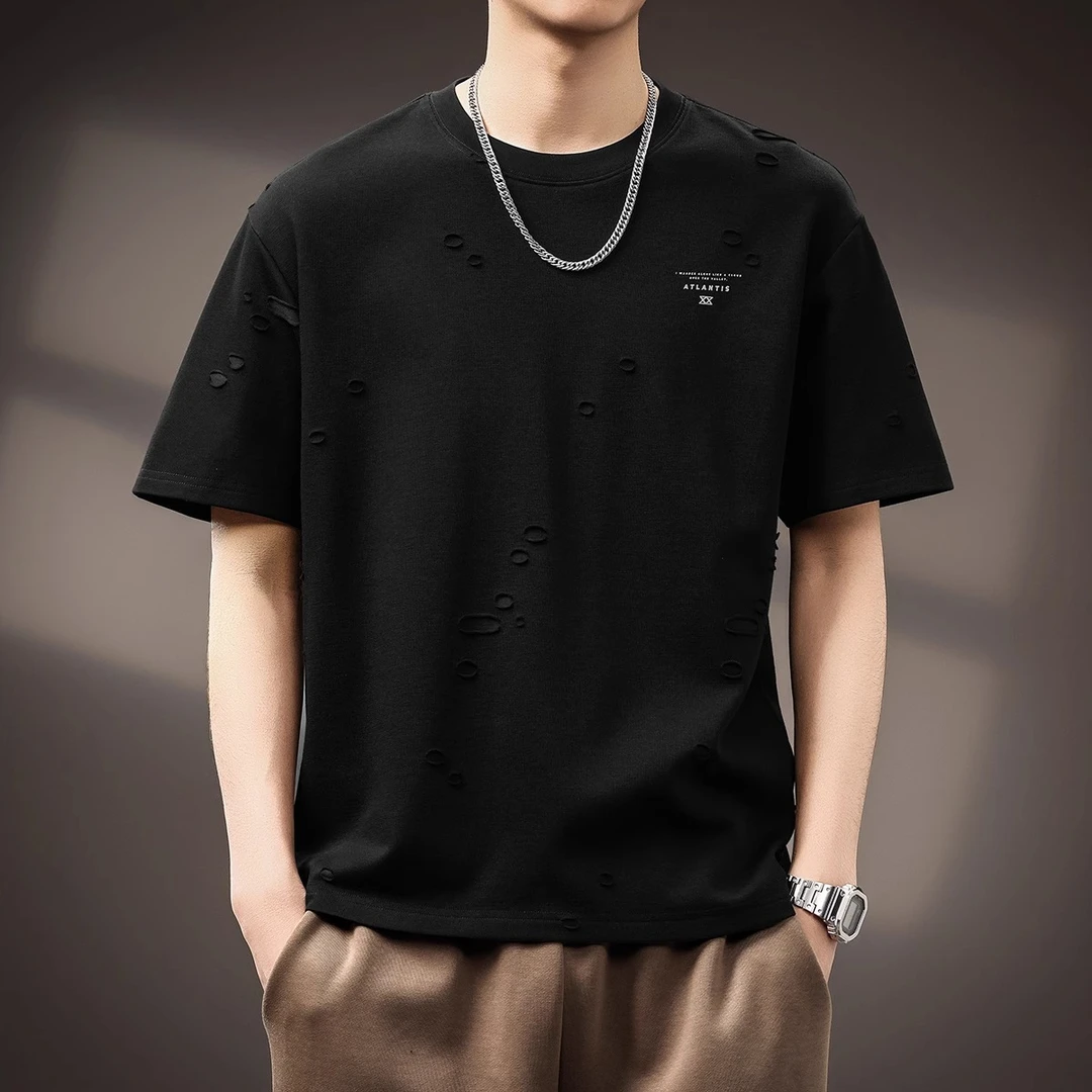 Leekody高端美式重磅破洞设计T恤男2025夏季新款潮牌宽松圆领短袖