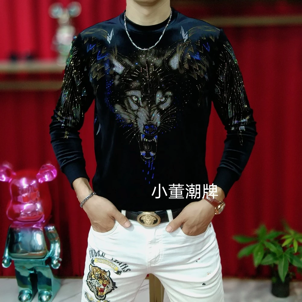 男士秋冬休闲时尚潮流狼头烫钻加厚打底修身百搭帅气长袖加绒卫衣