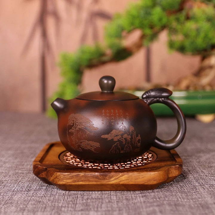 紫陶迎客松金蝉西施壶家用中式手工茶壶家用复古紫砂壶【安全包装】