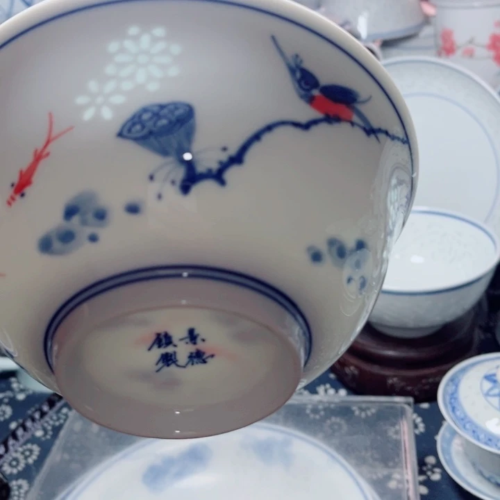 青花玲珑6寸面碗荷花鱼手绘