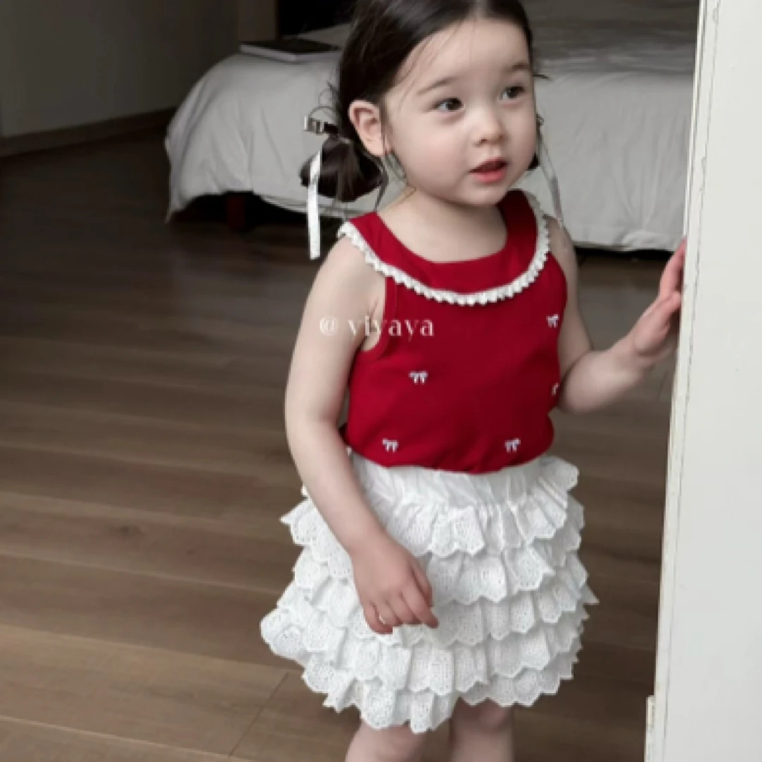 『yiyaya』正版25年新款女童套装红色花边吊带背心白色蛋糕裙两件套