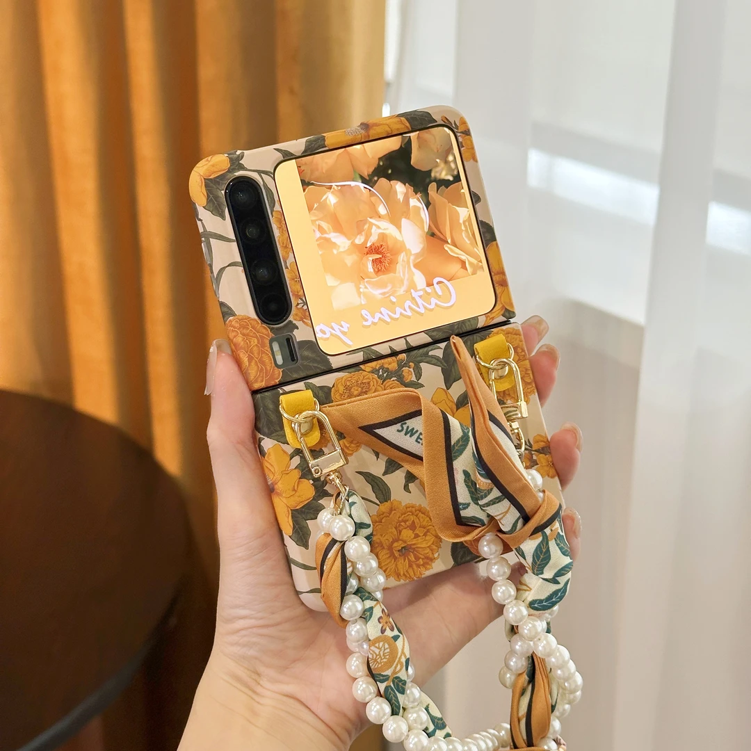适用华为PuraX典藏版阔折叠手机壳复古花朵时尚丝巾手提链保护套