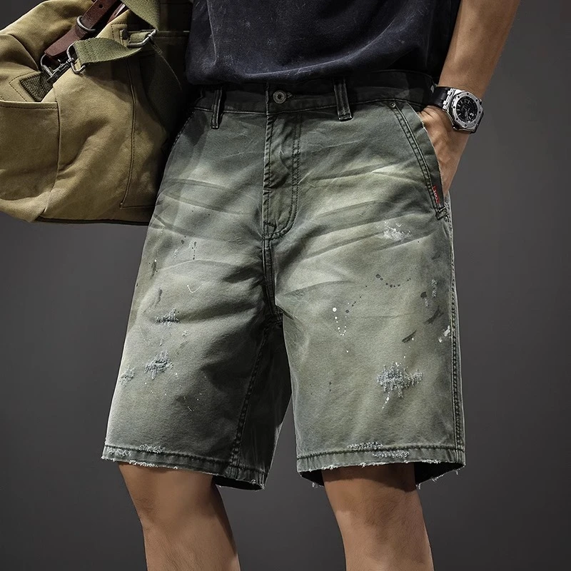 Cebrodz美式复古做旧漆点休闲短裤男夏季痞帅破洞潮牌直筒工装裤