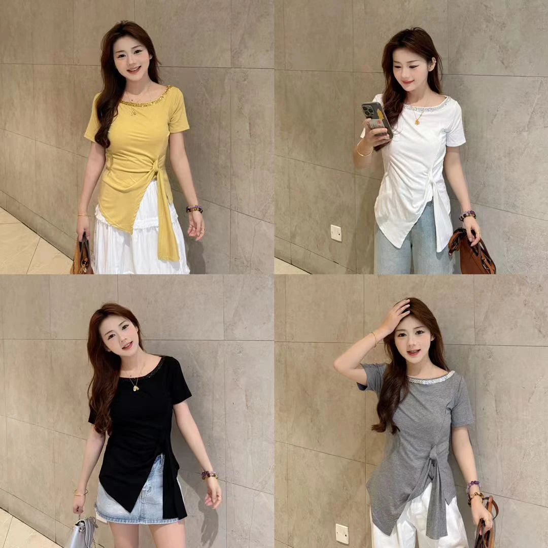 小个子法式亮片一字肩不规则系带设计感T恤修身显瘦气质百搭上衣