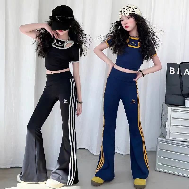 女童夏季运动装套装2025新款儿童假两件短袖修身长裤瑜伽装两件套