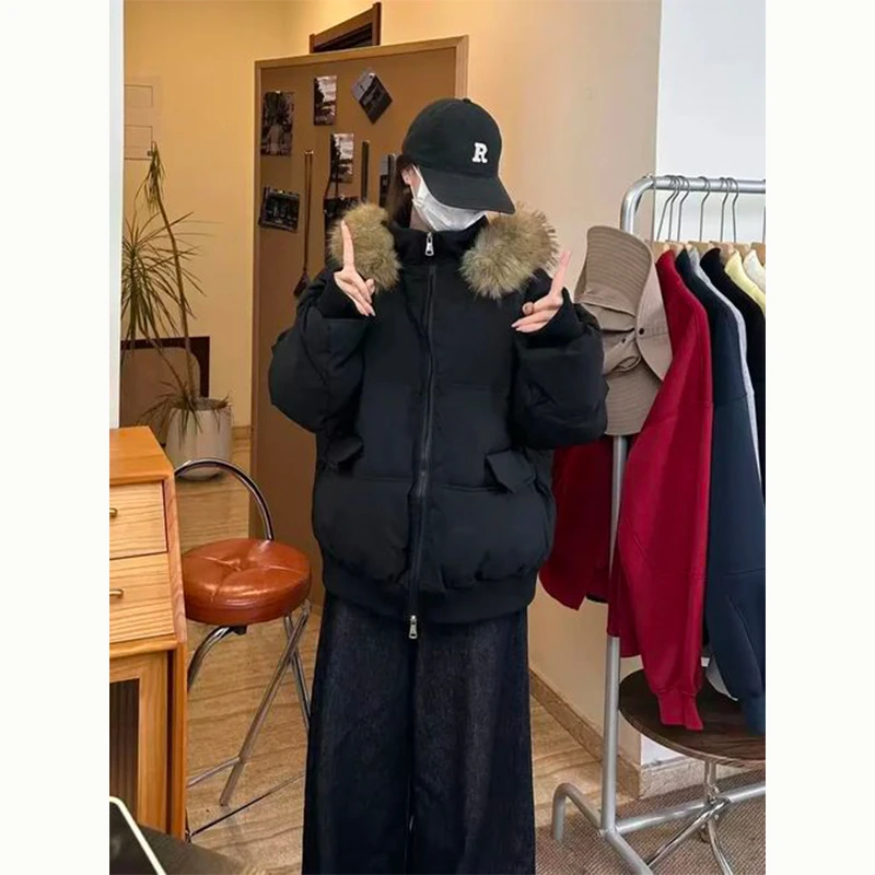 美式复古毛毛领连帽棉服女秋冬新款大码胖MM宽松加厚保暖棉衣外套