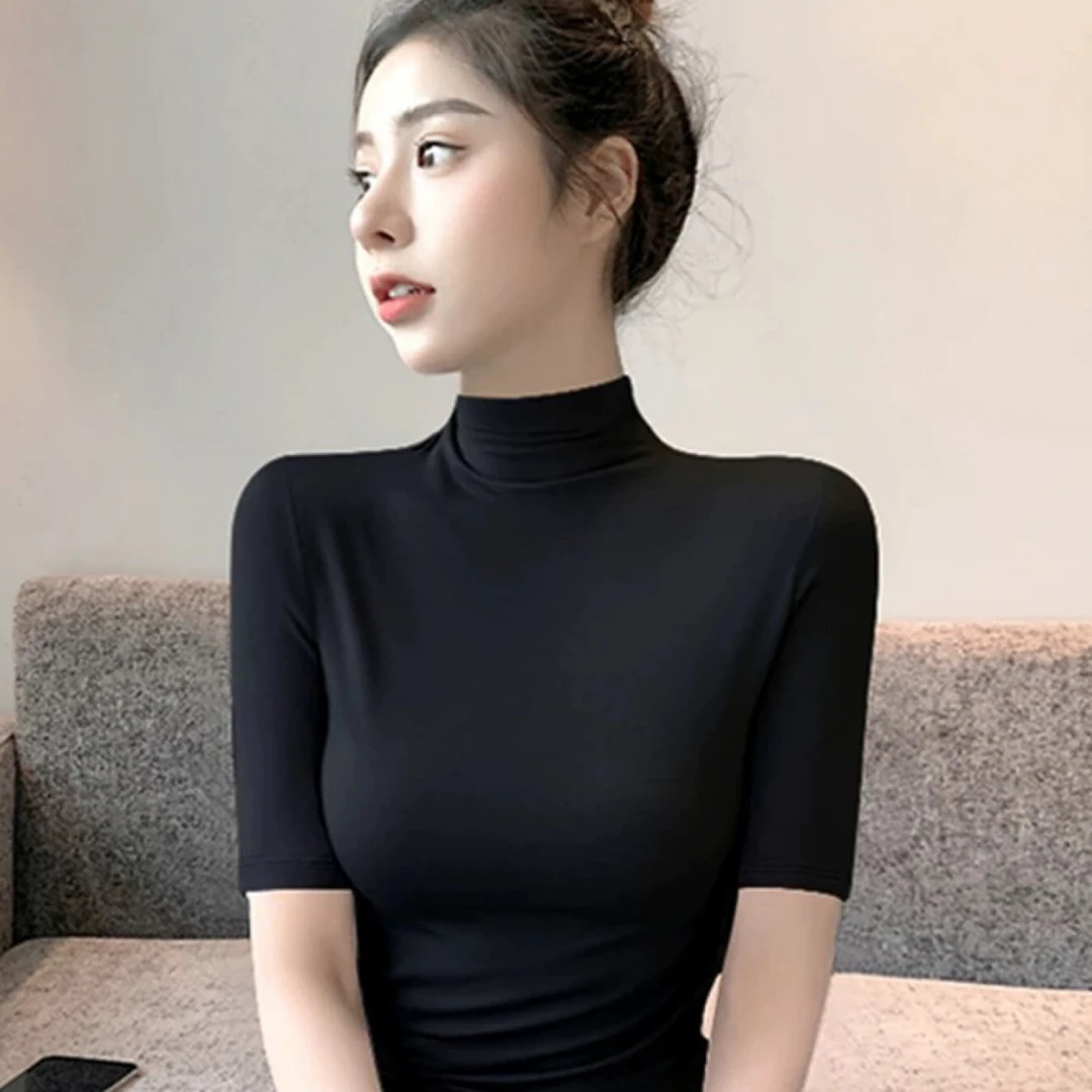 莫代尔螺纹半高领中袖打底衫内搭修身纯色t恤上衣女早秋2025新款