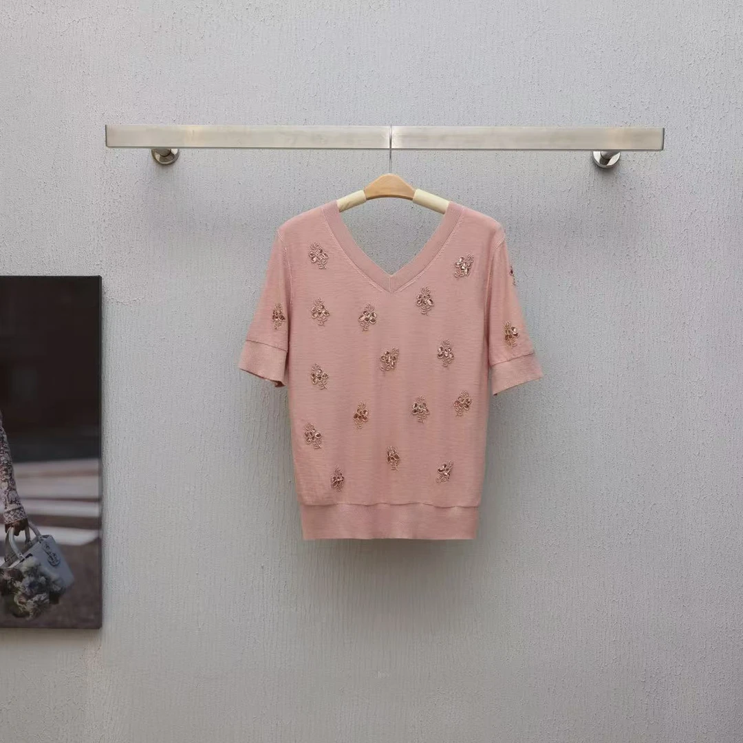 【晨老板】~ceilina【矜雅温柔】时尚串珠V领短袖针织69257070