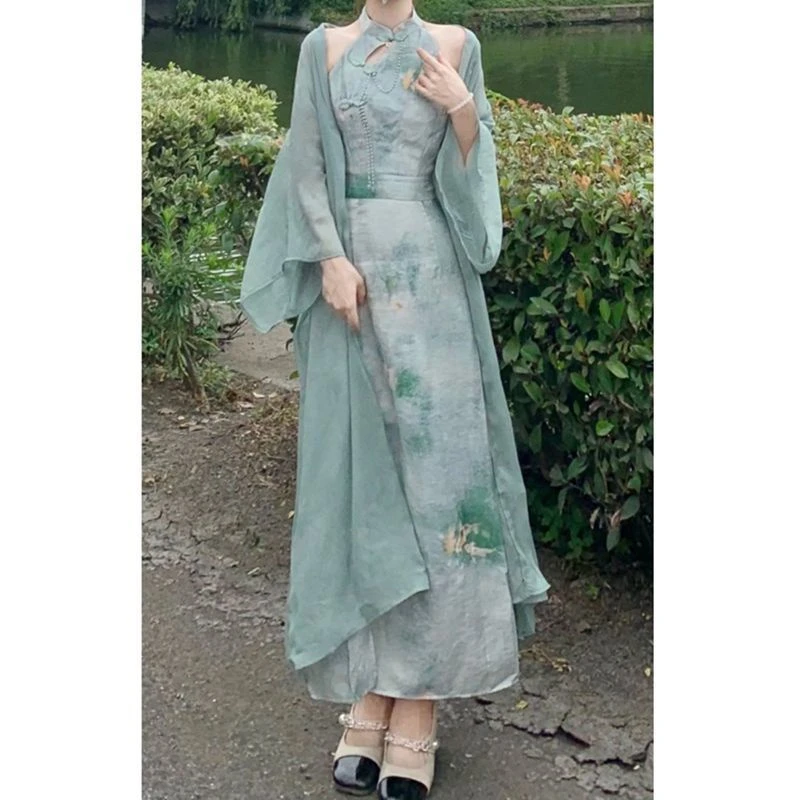 挂脖连衣裙年轻款旗袍新中式少女新式2023绿色无袖小个子高端气质