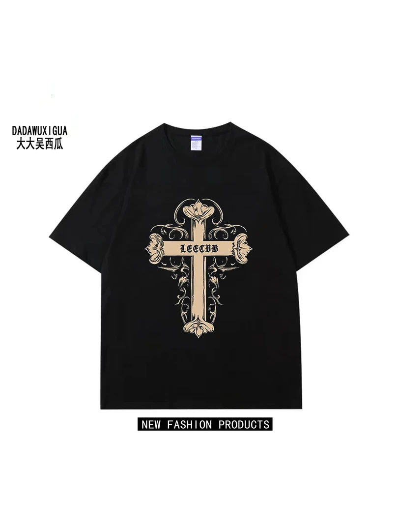 十字架纯棉260g国潮印花短袖轻奢痞帅T恤潮流圆领高级感男装夏季