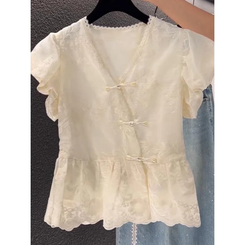 时尚品牌夏季新款女装新款中国风蕾丝V领短袖时尚甜美显瘦Look宽