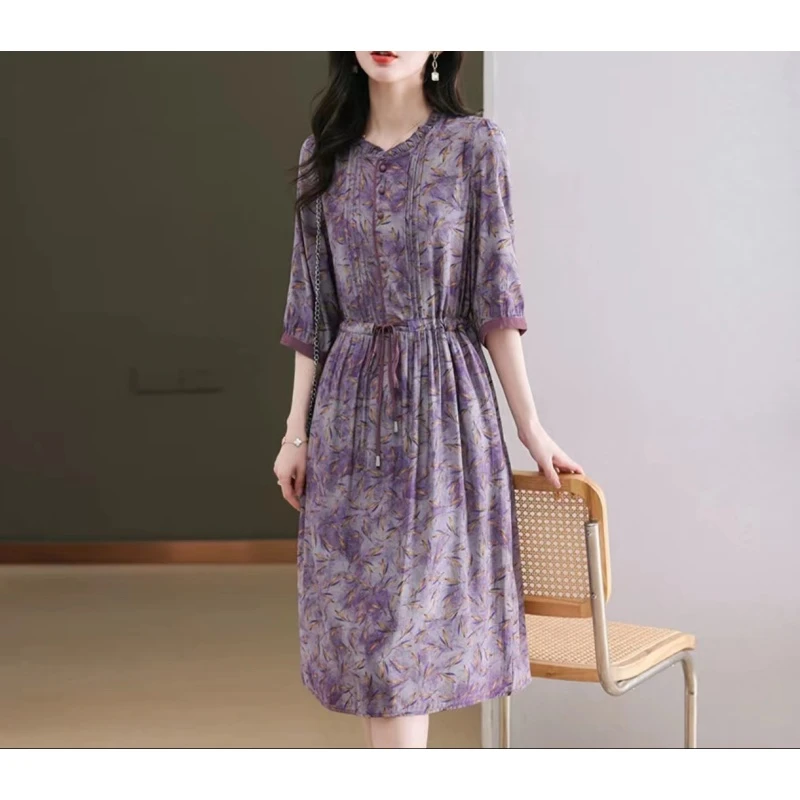 杭州桑蚕真丝碎花连衣裙女2024新款夏季高端精致裙子A380-3