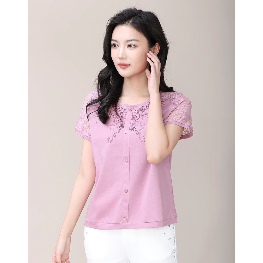 年轻减龄绣花妈妈夏装短袖蕾丝拼接T恤宽松中老年女棉体恤衫衬衣