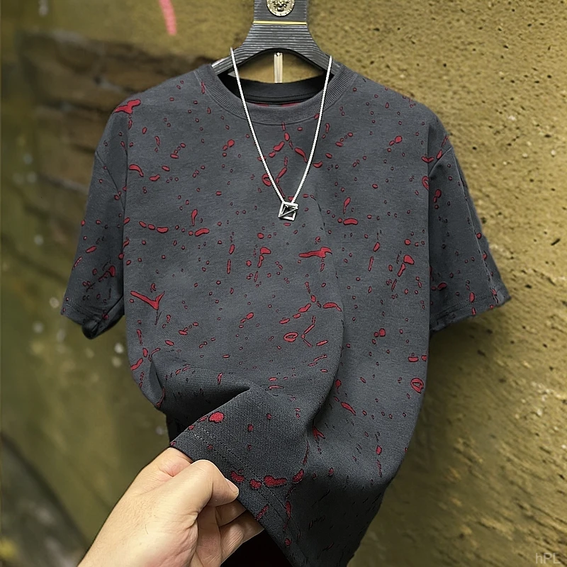 夏季新款破洞男短袖T恤高街美式短袖T恤高级感潮牌上衣