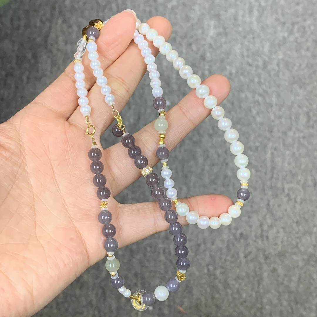 •天然和田玉烟紫料珍珠多用设计项链B114