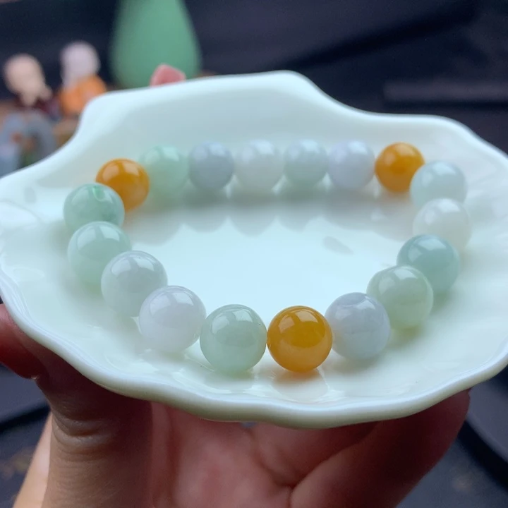 定制翡翠未镶嵌三彩翡翠手串