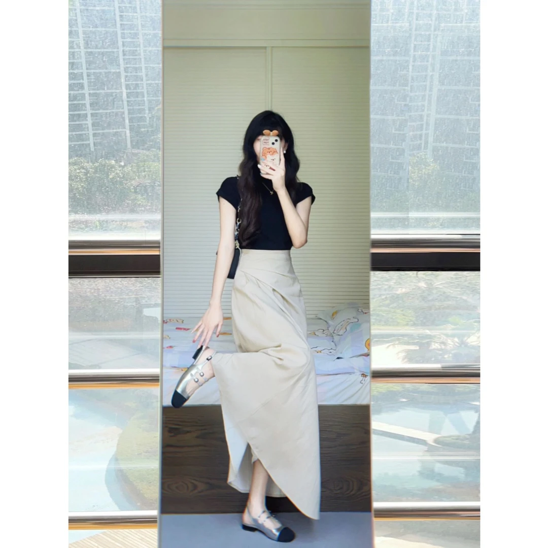 韩系风肌理感褶皱大裙摆半身裙女2025夏季新款清冷松弛感女装