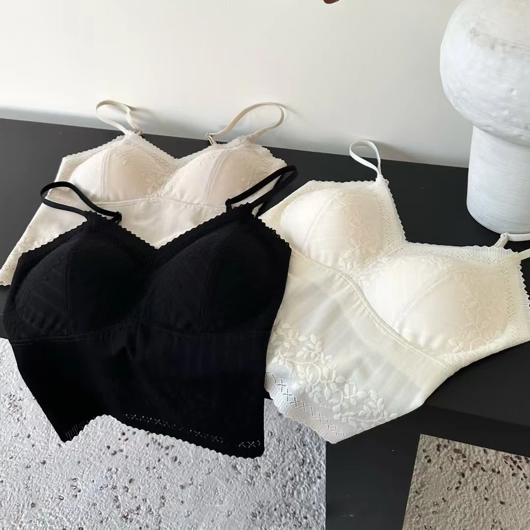 法式蕾丝性感网纱小吊带背心女薄款带胸垫内搭外穿美背文胸