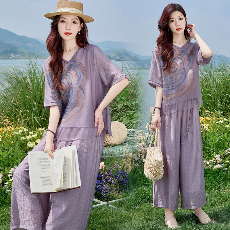 夏季新款圆领复古文艺印花宽松高端气质上衣设计感时尚休闲套装女