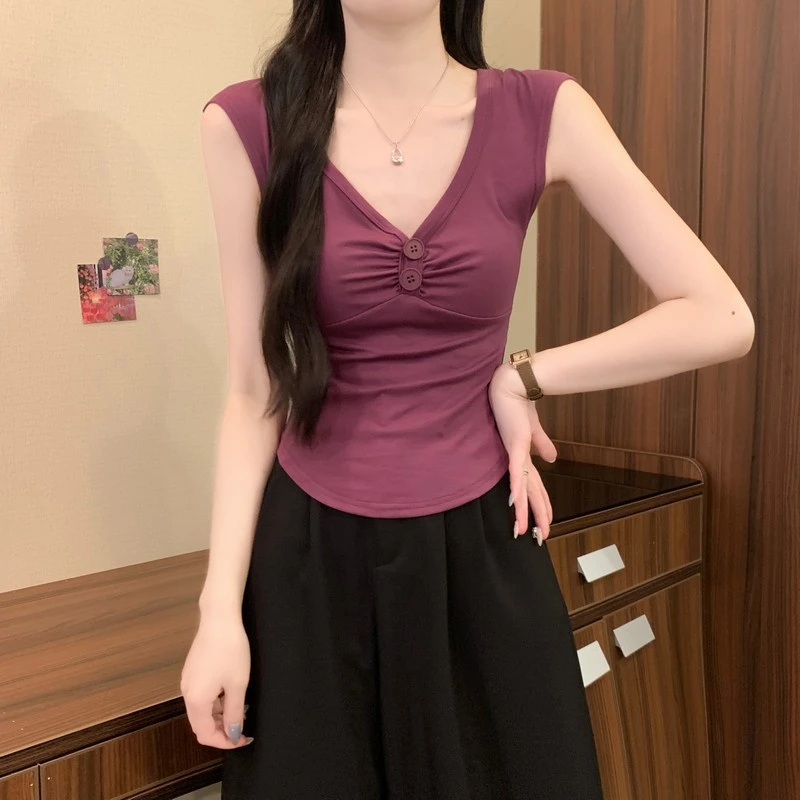 美式辣妹紫色褶皱V领短袖T恤女夏季小众紧身收腰内搭外穿短款上衣