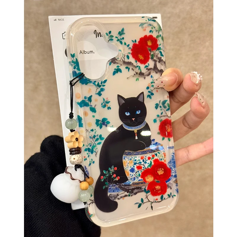 雅天立国风瓷器黑猫适用iPhone16promax苹果15/11国风13手机壳14