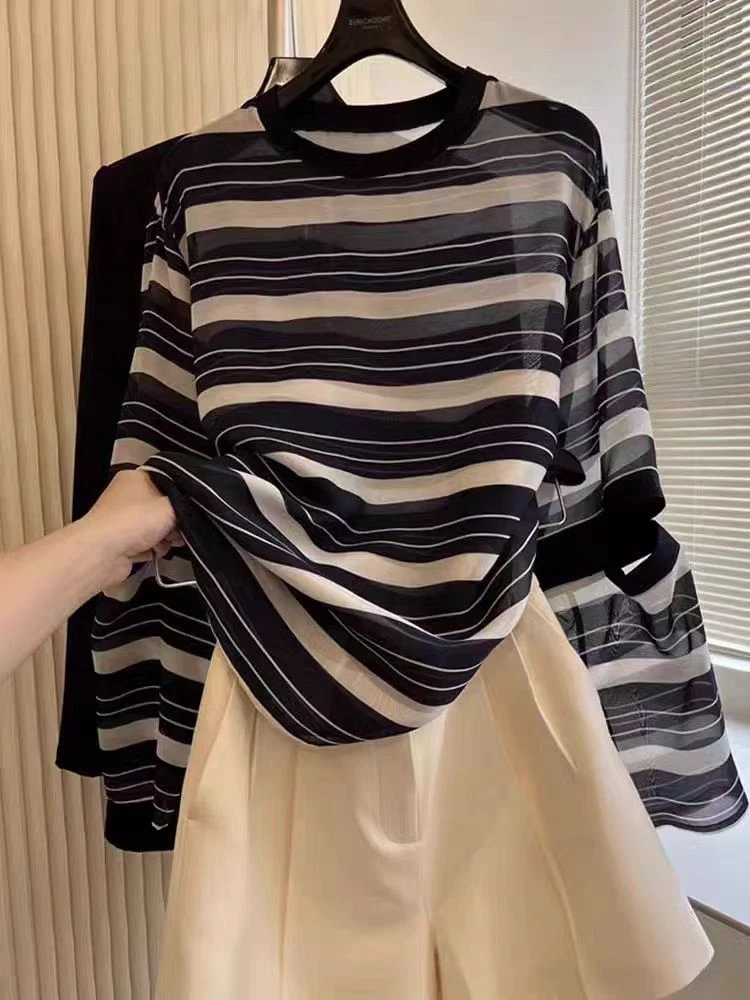 235高端尖货！袖中镂空经典海魂干净清新轻盈呼吸感防晒条纹