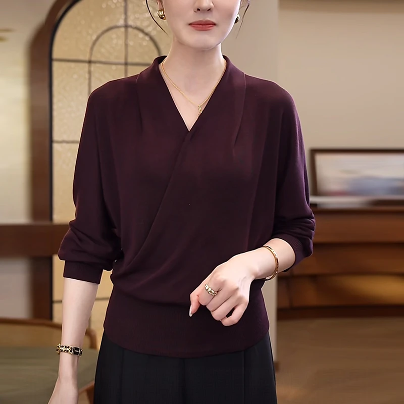 紫色V领打底针织衫t恤女长袖2025秋季新款洋气减龄显瘦内搭上衣