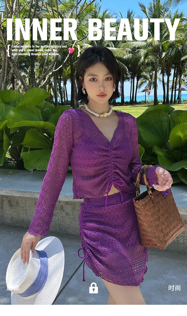 泳衣女大码胖mm四件套泡温泉微胖女孩遮肉显瘦比基尼镂空长袖罩衫