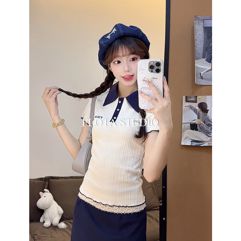 【flota】正肩polo领直筒显瘦学院风T恤女坑条纹百搭韩系上衣1766