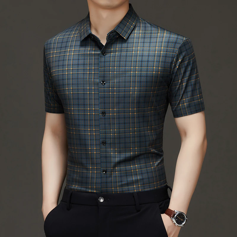 【上海直发】免熨烫无痕压胶夏季短袖男士格子衬衫商务休闲中青年