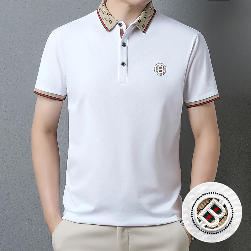 高级白色烫钻短袖POLO衫男夏季薄款撞色翻领舒适短袖T恤青年体恤