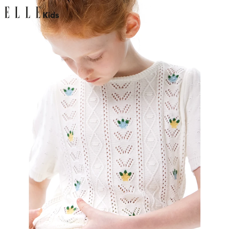 ELLE KIDS童装法式镂空花朵绣花时尚洋气短袖女童针织衫毛衣A4