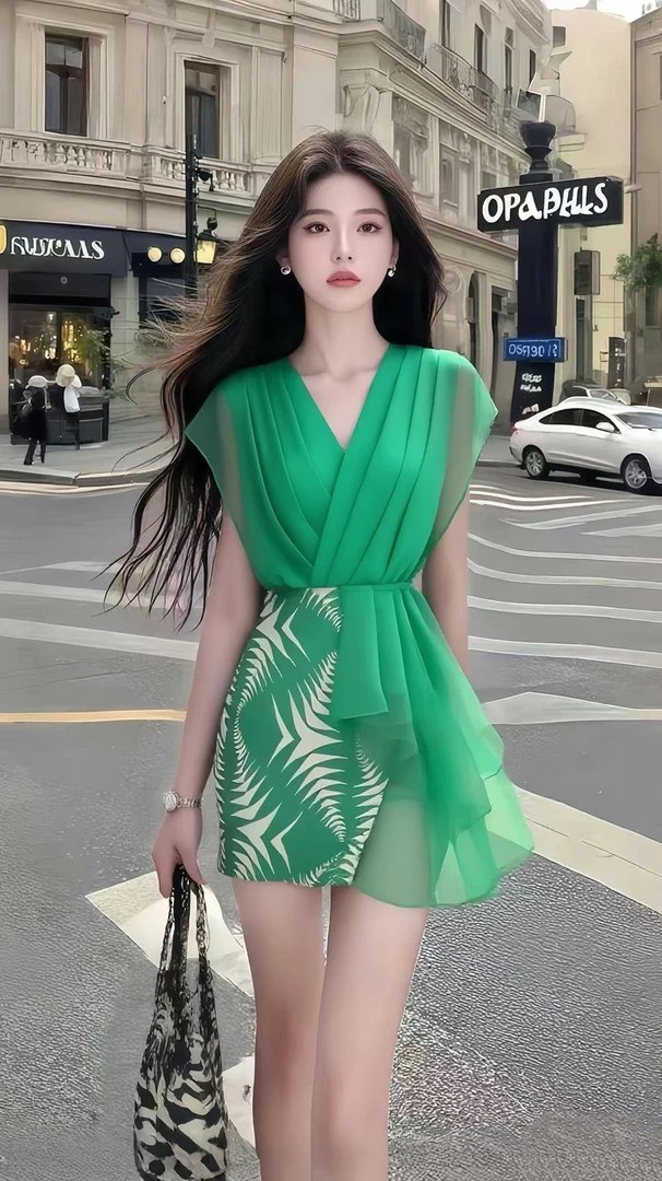 轻奢高端大气温柔风穿搭绿色V领修身收腰包臀印花设计感连衣裙女