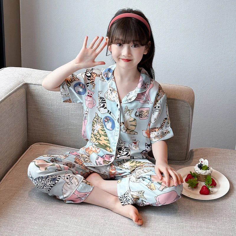 赵露思同款家居服三件套夏季薄款儿童睡衣女孩冰丝网红短袖空调服