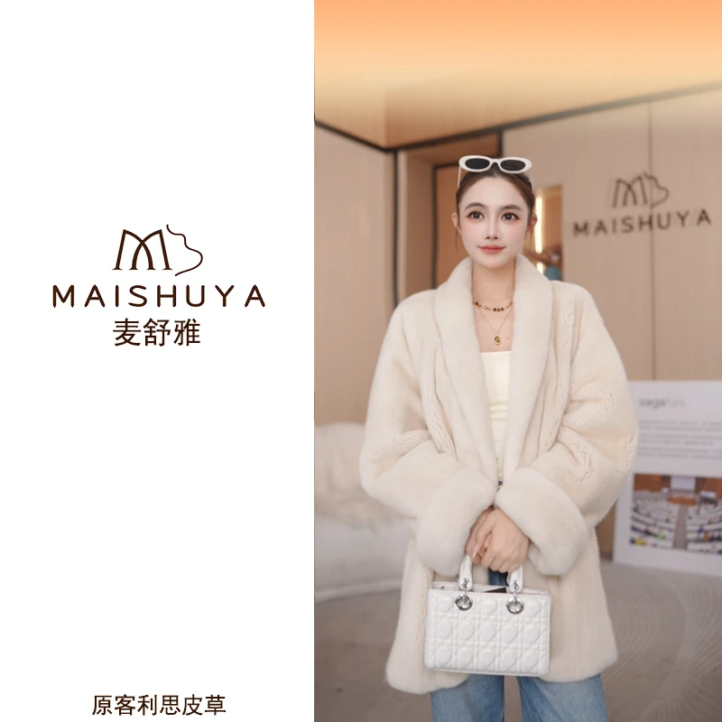 麦舒雅海宁皮草进口水貂100%真貂青果领挽袖女中长款貂毛貂皮大衣