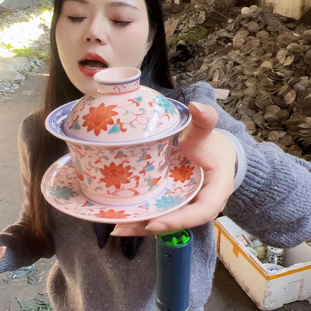 摆件陶景德镇红xixi麒麟凤红绿彩三才盖碗