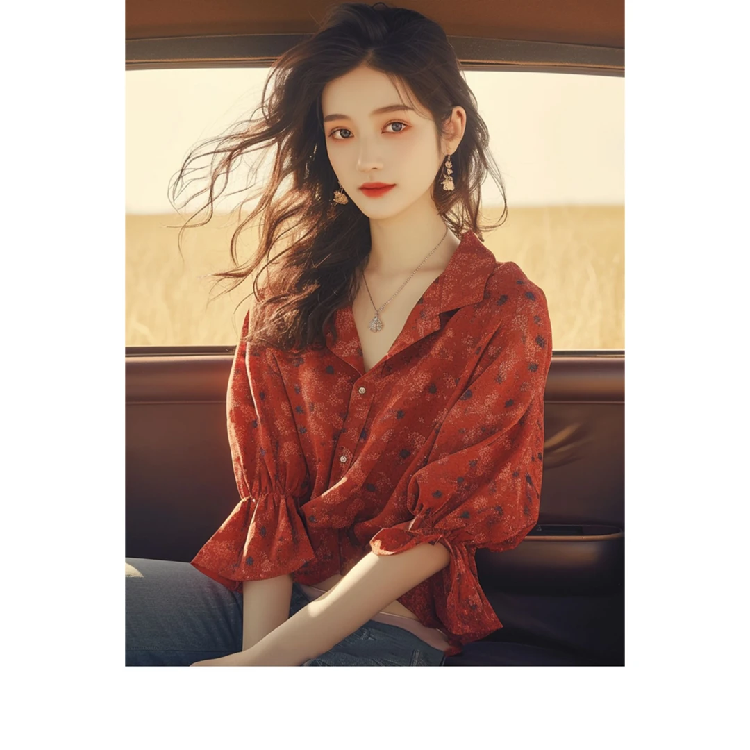 法式轻熟风小众设计感别致独特绝美小衫甜美上衣红色碎花衬衫女夏