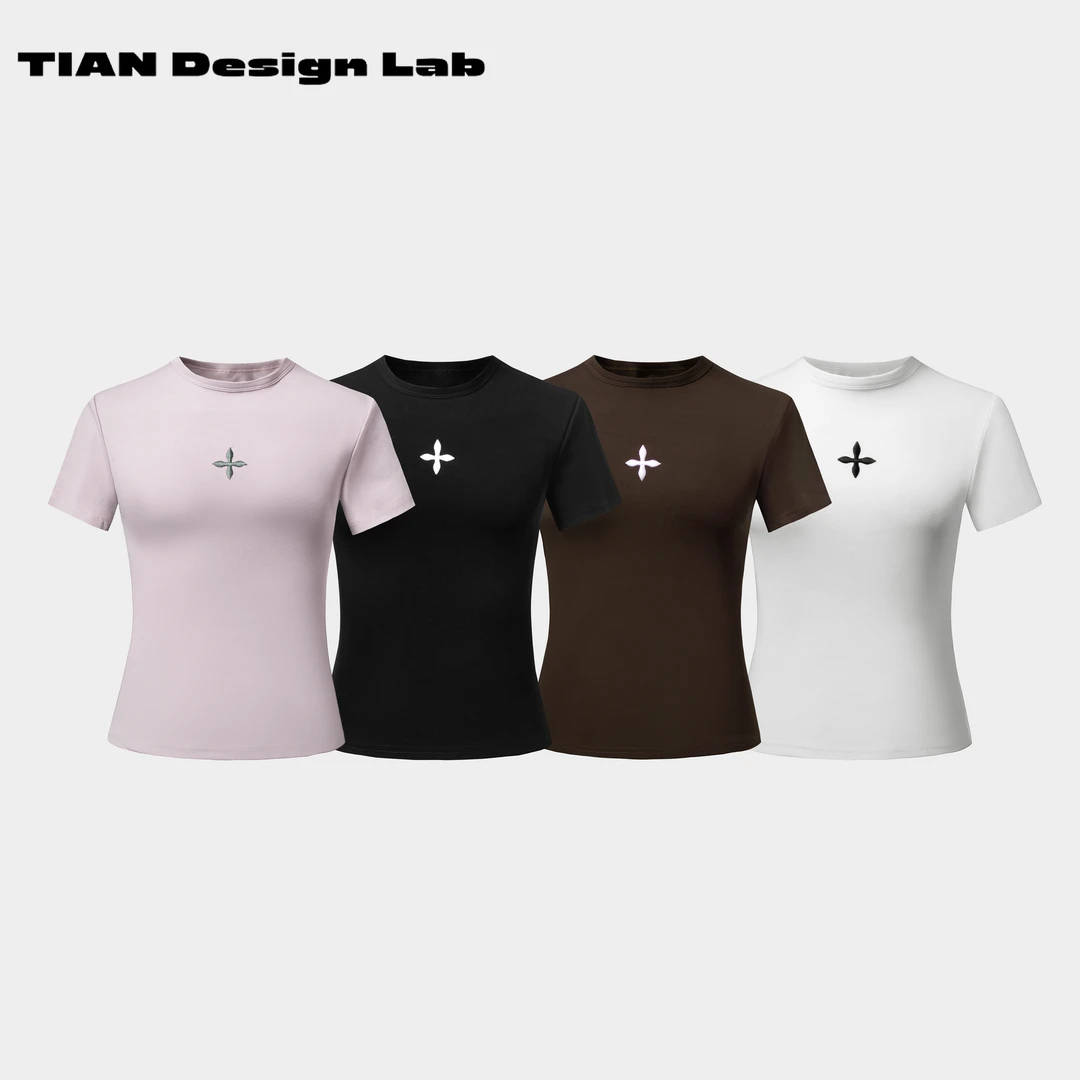 Tian design lab辣妹立体刺绣紧身短袖T恤女显瘦短款上衣打底衫