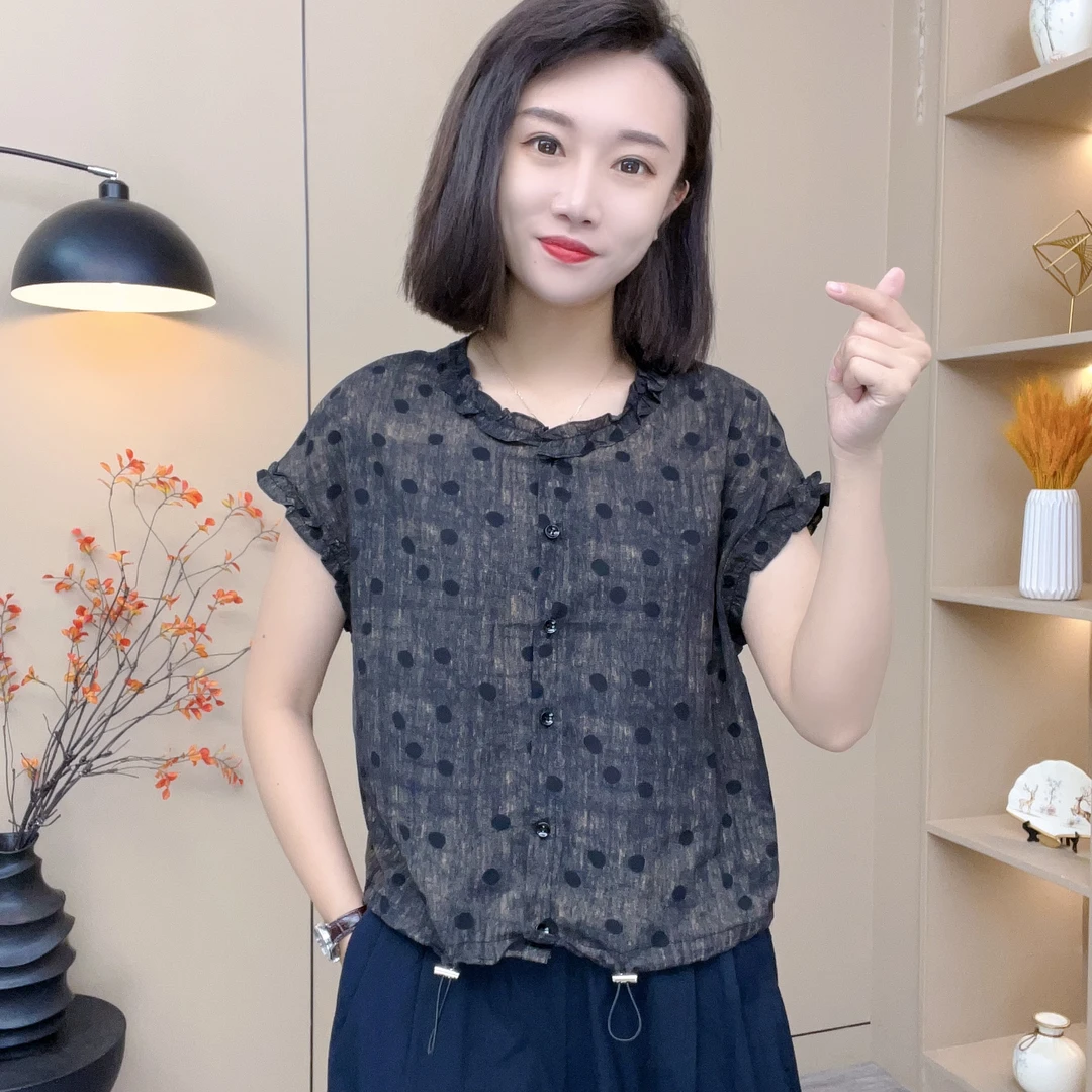 夏季新款洋气百搭花边波点小衫气质减龄显瘦女短䄂-255