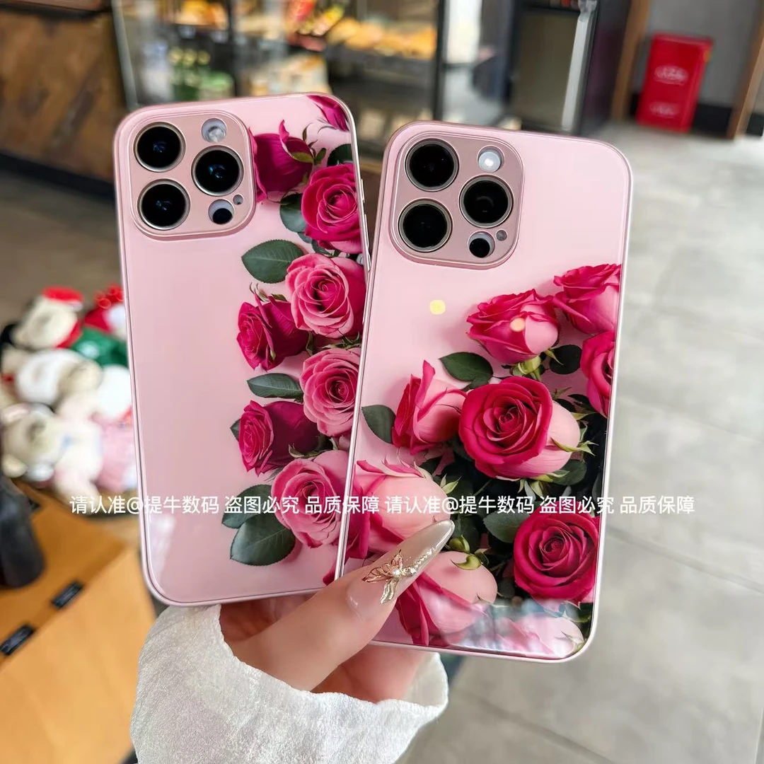 苹果/小米/华为/荣耀/OPPO/VIVO 夏日玫瑰花海金属漆玻璃手机壳