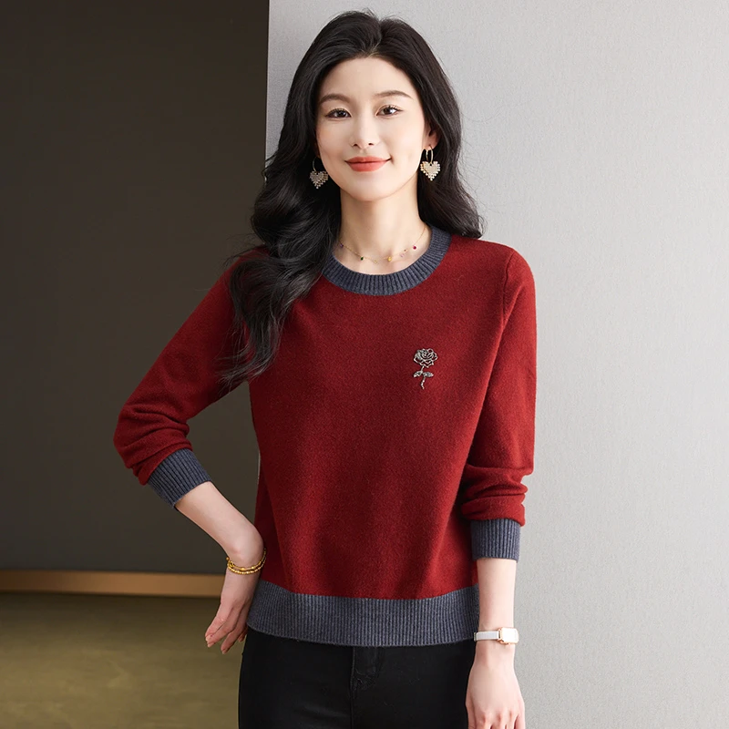 2025春季时尚洋气净版拼色宽松上衣圆领外穿打底衫女针织衫女装