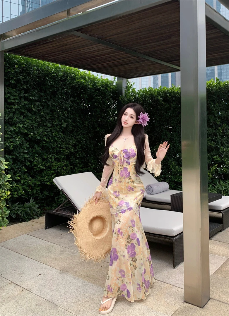 QIAOHEYI度假碎花长裙连衣裙开春穿搭吊带鱼尾多巴胺老钱风穿搭