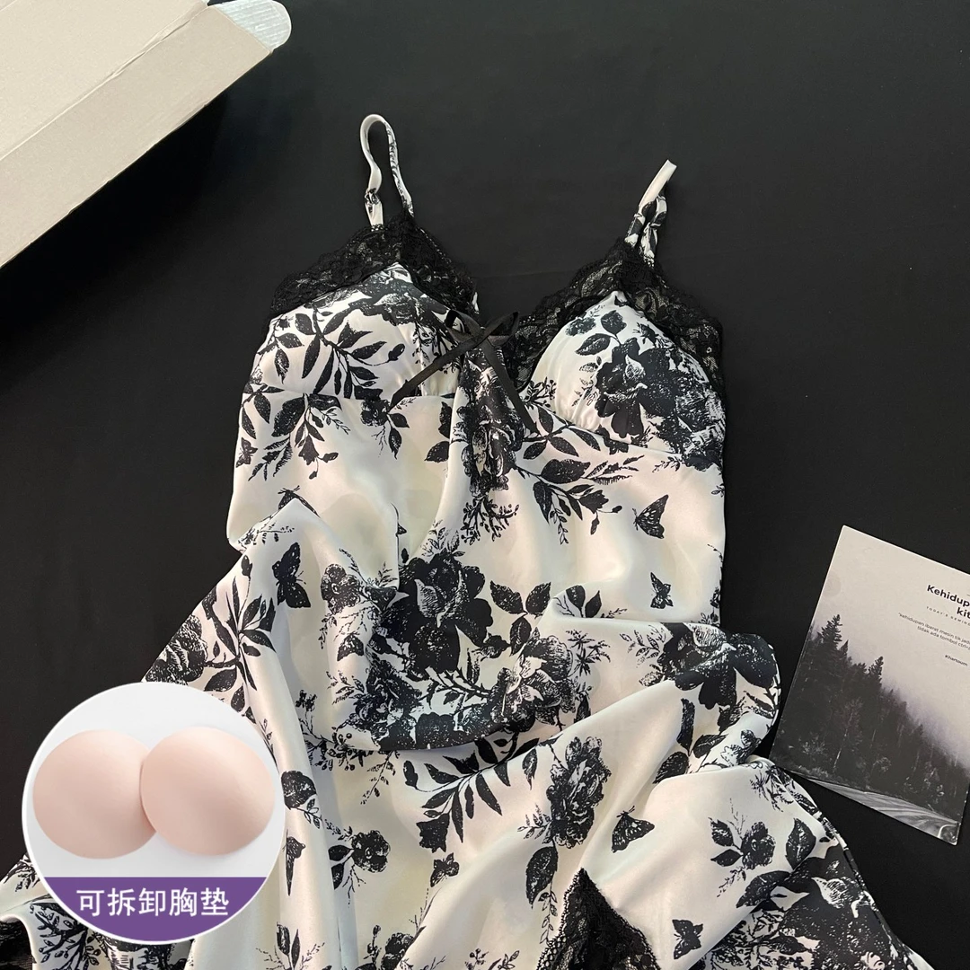 冰丝睡衣女夏季高级感带胸垫2025新款吊带睡裙新国风黑色花家居服