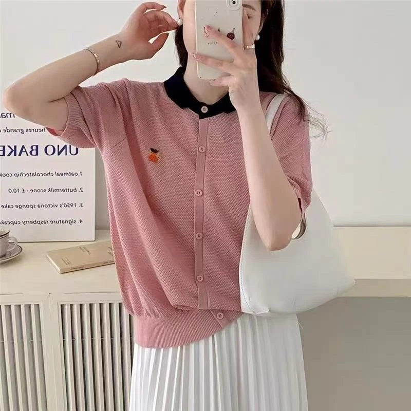 【亦然】刺绣瓢虫针织衫短袖新款夏装洋气独特别致爆款方领上衣薄款