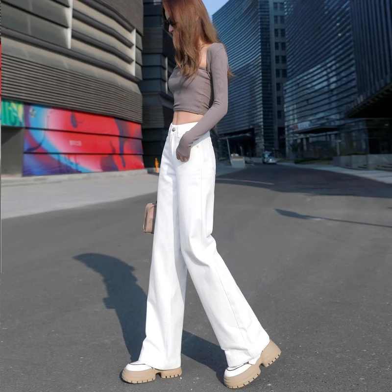 2025秋季单款白色牛仔裤女士高腰休闲直筒裤显瘦宽松直筒阔腿裤子